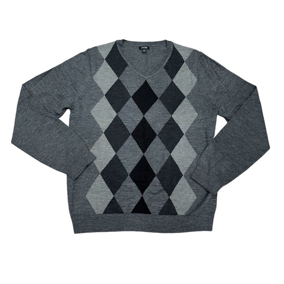 Apt. 9 Large 42 - 44 V-Neck Sweater Argyle Wool Blend Gray Charcoal Diamond NWOT - Picture 3 of 8